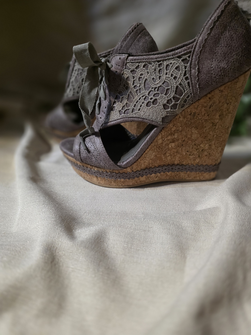 Not Rated Gray Lace-Up Cork Wedge Sandals